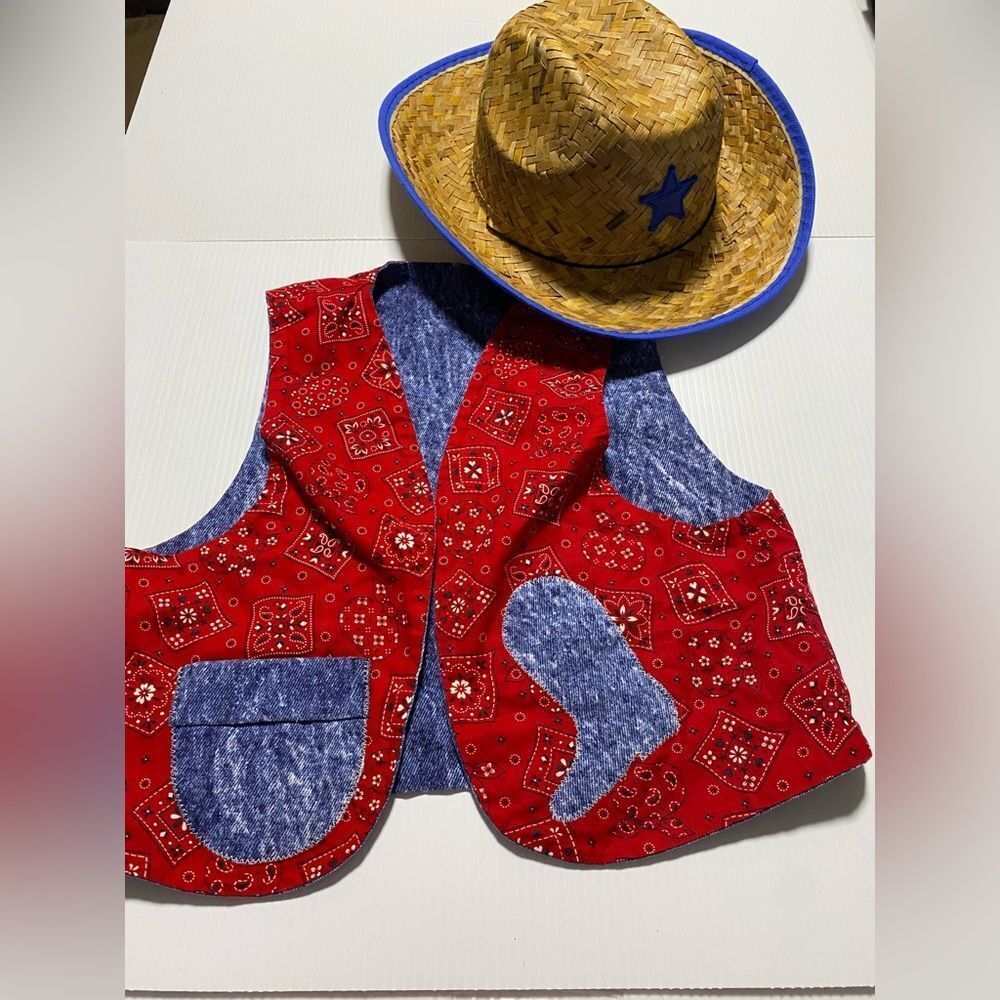 American cowboy Western straw hat reversible patriotic vest costume 6-8yo